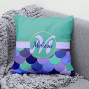 Mermaid Scales Aqua Teal & Purple Monogram Name Throw Pillow