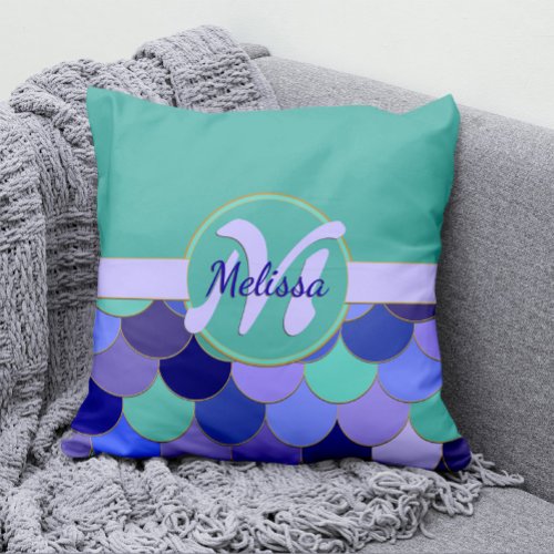 Mermaid Scales Aqua Teal  Purple Monogram Name Throw Pillow