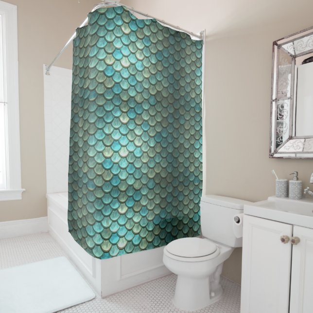 Mermaid Scales Aqua Teal Shower Curtain (In Situ)