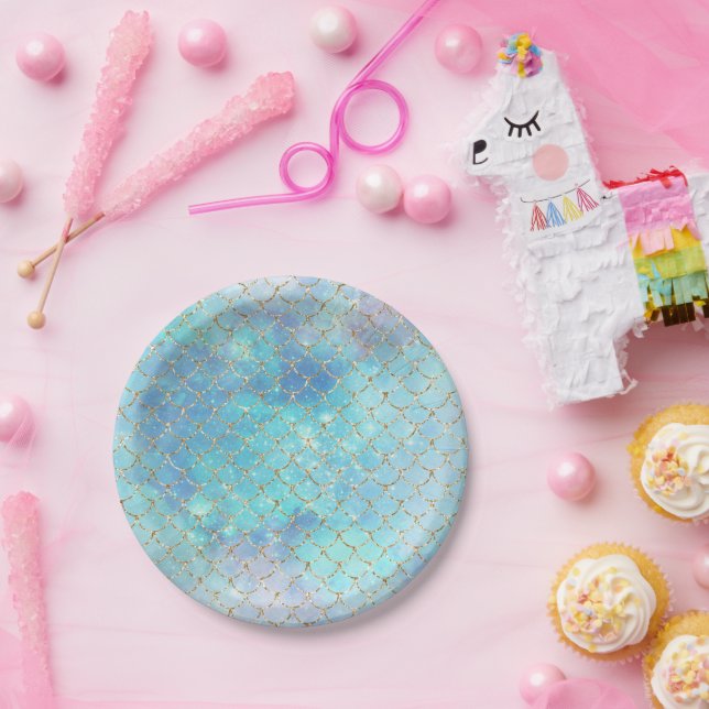 Mermaid Scales Blue Gold Sea Birthday Party Paper Plates (Party)
