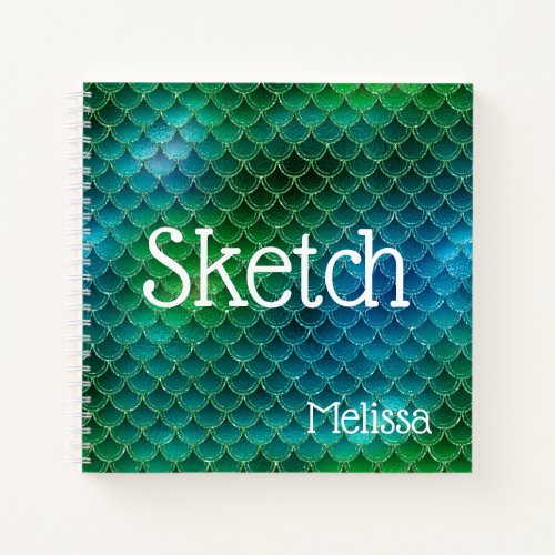 Mermaid Scales Blue Green Glitter Name Sketchbook  Notebook