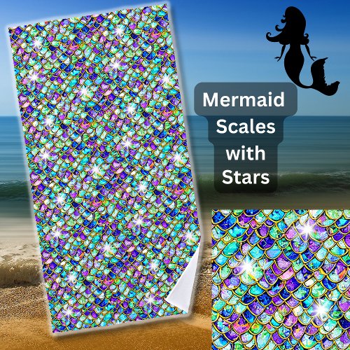 Mermaid Scales Blue Green Purple Gold with Stars Beach Towel