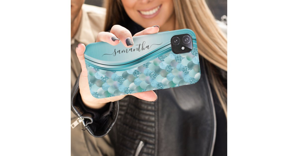 Mermaid Scales Blue Handwritten Name Metal Case-Mate iPhone Case | Zazzle