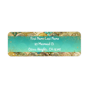 Mermaid Scales Cascading Gold Glitter & Teal Glam Label