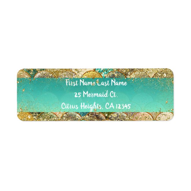 Mermaid Scales Cascading Gold Glitter & Teal Glam Label (Front)