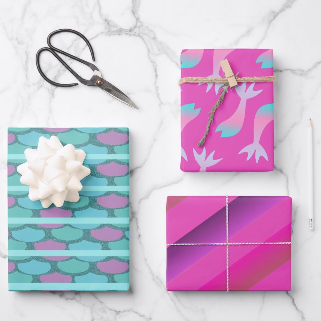 Mermaid Scales Colorful Bright Pink  Wrapping Paper Sheets (Front)