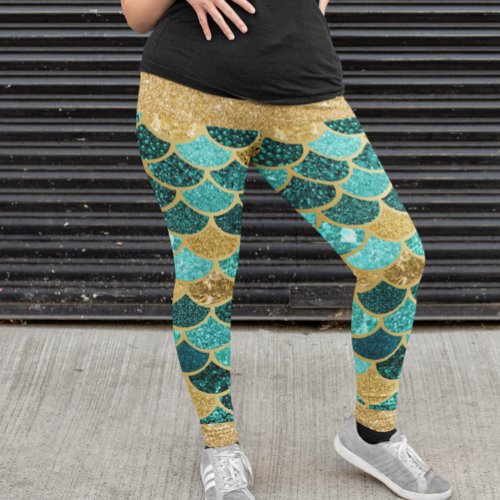 Mermaid Scales Colorful Pretty Gold Glitter Teal Leggings