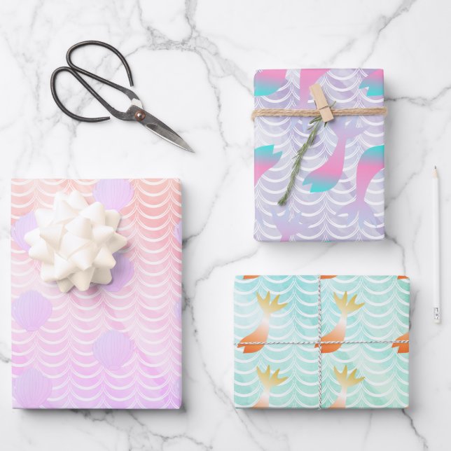 Mermaid Scales Colorful Watercolor Backgrounds Wrapping Paper Sheets (Front)