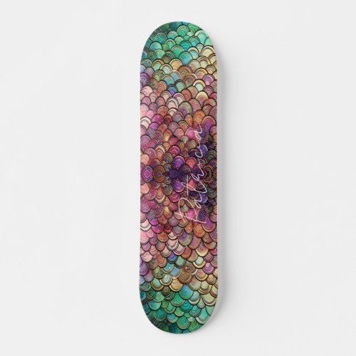Mermaid Scales Girly Glitter Green Purple Chic Skateboard