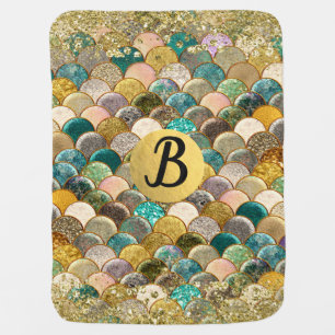 Mermaid Scales Glam Glitter Monogram Reversible Receiving Blanket