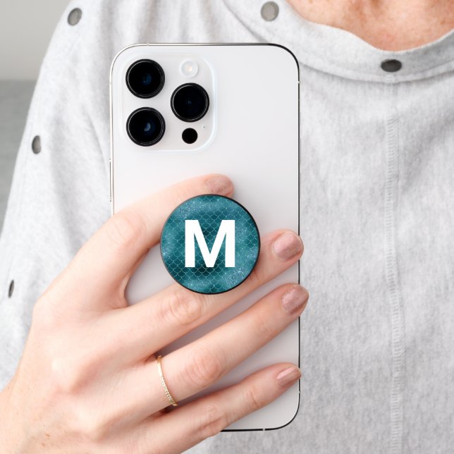 Mermaid Scales Glitter Look and Monogram PopSocket (Hand)