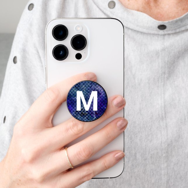 Mermaid Scales Glitter Look and Monogram PopSocket (Hand)