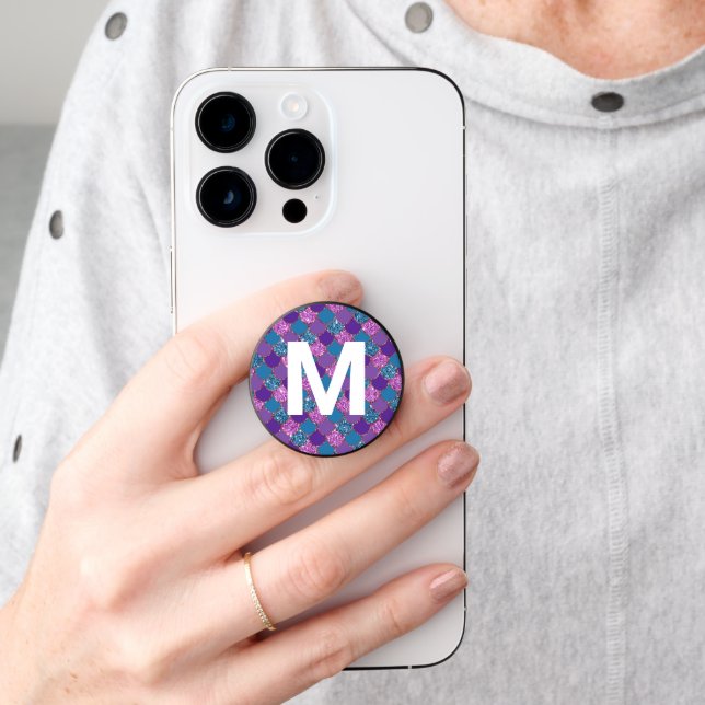 Mermaid Scales Glitter Look and Monogram PopSocket (Hand)