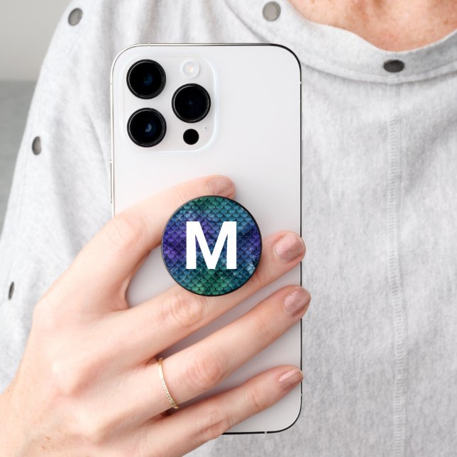 Mermaid Scales Glitter Look and Monogram PopSocket (Hand)
