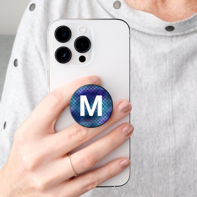 Mermaid Scales Glitter Look and Monogram PopSocket (Hand)
