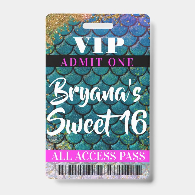Mermaid Scales Glitter Party Sweet 16 VIP Pass Badge (Front)