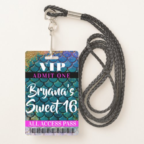 Mermaid Scales Glitter Party Sweet 16 VIP Pass Badge