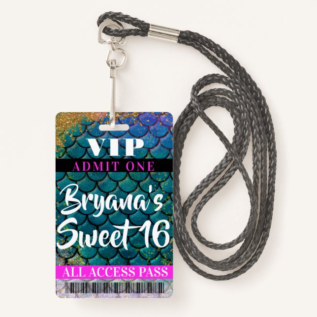 Mermaid Scales Glitter Party Sweet 16 VIP Pass Badge (Front with Lanyard)