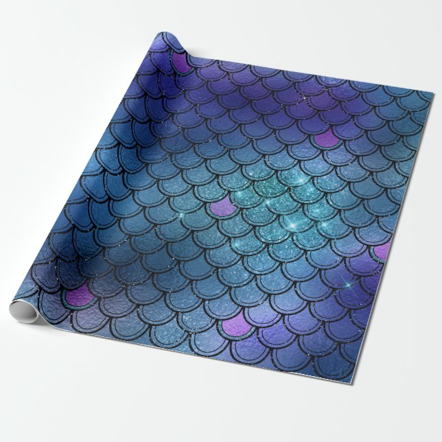 Mermaid Scales Glitter Pink Black Blue Navy Purple Wrapping Paper (Unrolled)