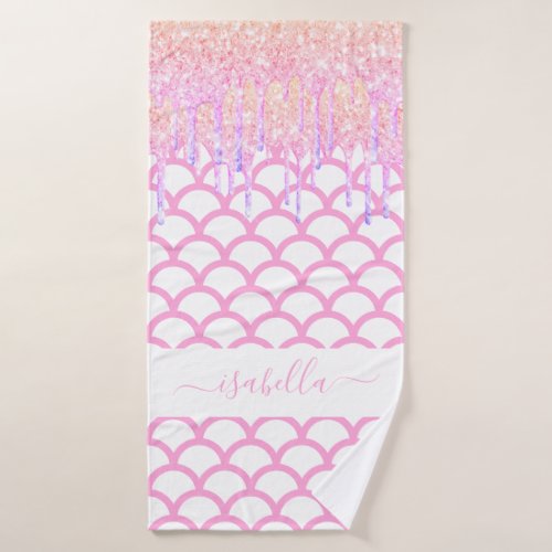Mermaid scales glitter pink purple name sparkle bath towel