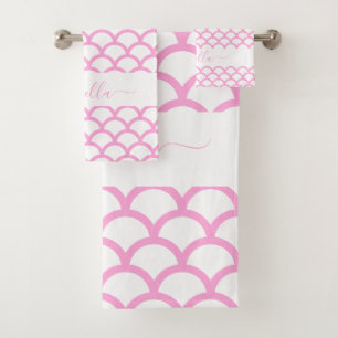 Mermaid scales glitter pink purple name sparkle bath towel set