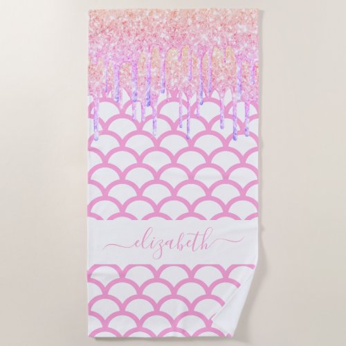 Mermaid scales glitter pink purple name sparkle beach towel