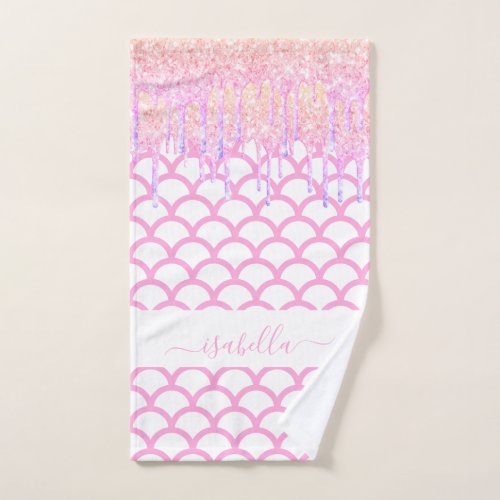 Mermaid scales glitter pink purple name sparkle hand towel 