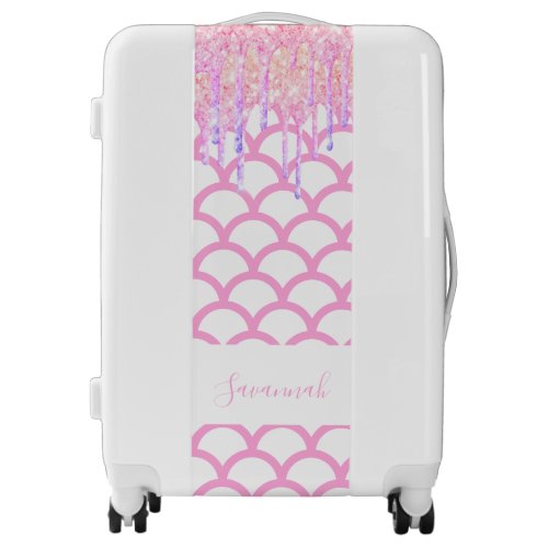 Mermaid scales glitter pink purple name sparkle luggage