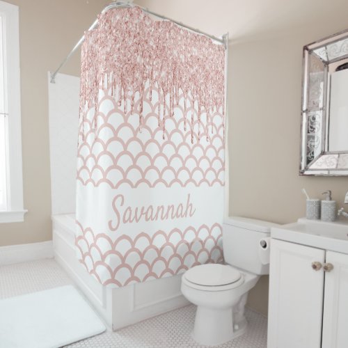 Mermaid scales glitter rose gold name sparkle shower curtain