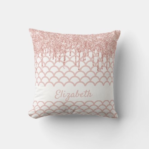 Mermaid scales glitter rose gold name  throw pillow