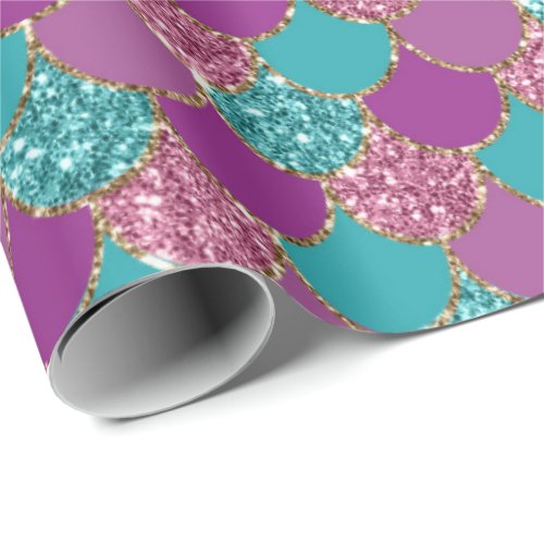 Mermaid Scales Glitter Violet Fuchsia Teal Rose Wrapping Paper
