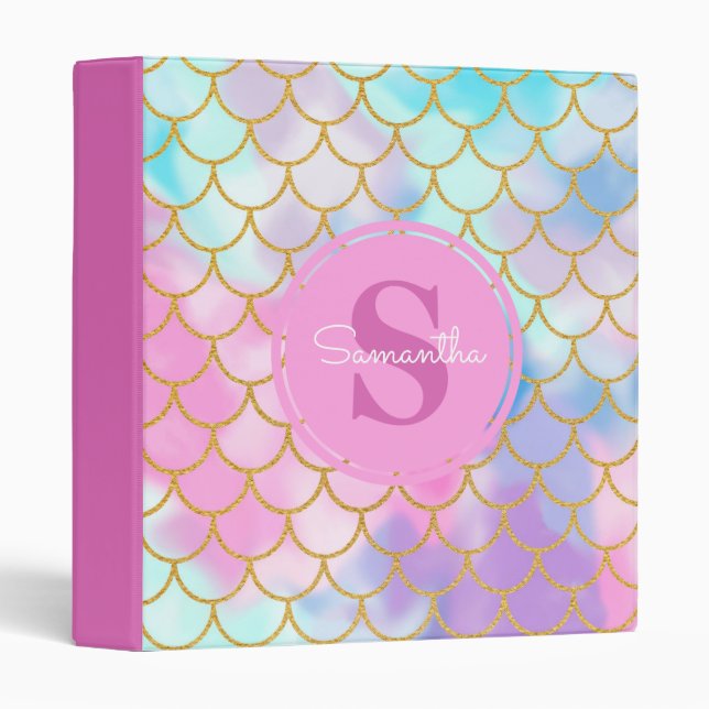 Mermaid Scales Gold Glitter Pattern Pink Monogram 3 Ring Binder (Front/Spine)