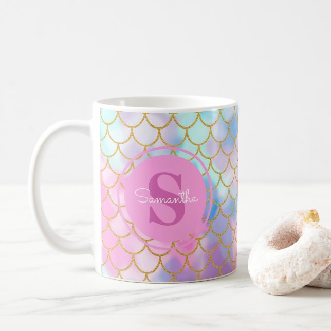 Mermaid Scales Gold Glitter Pattern Pink Monogram Coffee Mug (With Donut)