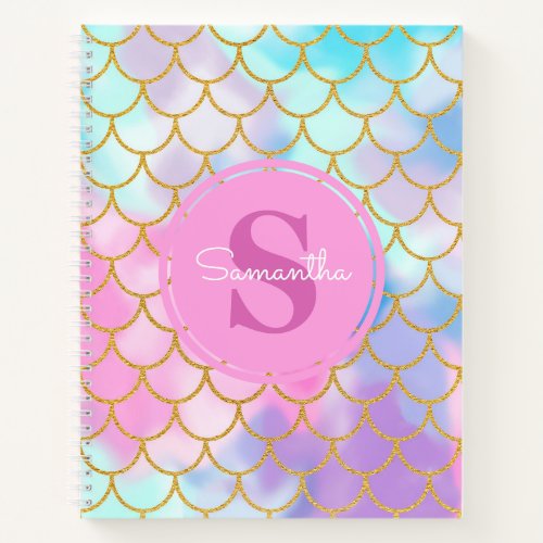 Mermaid Scales Gold Glitter Pattern Pink Monogram Notebook