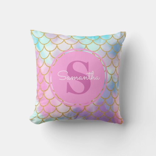 Mermaid Scales Gold Glitter Pattern Pink Monogram Throw Pillow