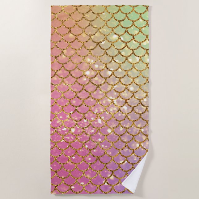 Mermaid scales gold pink green beach towel (Front)