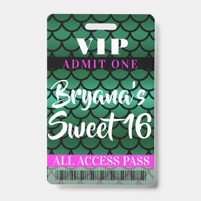Mermaid Scales Green Black Party Sweet 16 VIP Pass Badge (Front)