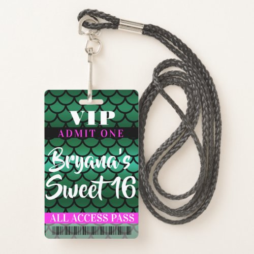 Mermaid Scales Green Black Party Sweet 16 VIP Pass Badge