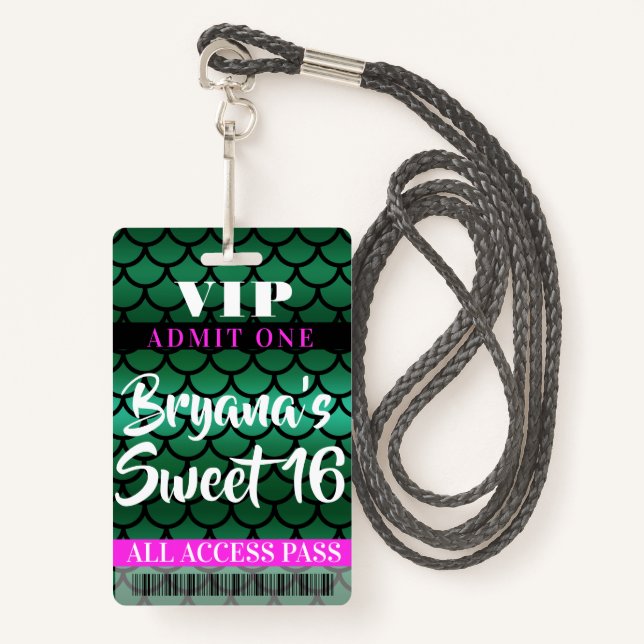 Mermaid Scales Green Black Party Sweet 16 VIP Pass Badge (Front with Lanyard)