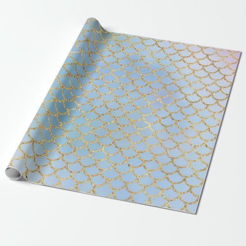 Mermaid scales ice blue gold glitter elegant wrapping paper