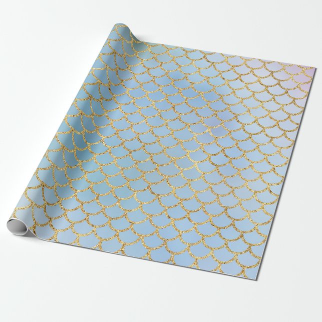 Mermaid scales ice blue gold glitter elegant wrapping paper (Unrolled)