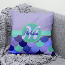 Mermaid Scales Lavender &amp; Aqua Teal Monogram Name Outdoor Pillow