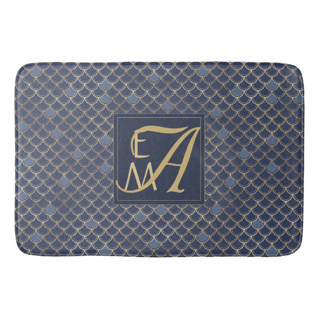 Mermaid Scales Monogram Navy Blue Gold Home Decor Bath Mat (Front)