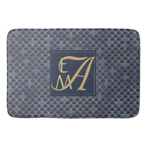 Mermaid Scales Monogram Navy Blue Gold Home Decor Bath Mat