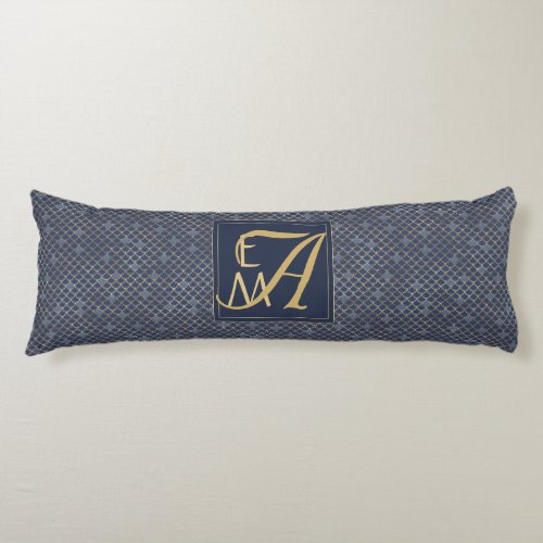 Mermaid Scales Monogram Navy Blue Gold Home Decor Body Pillow