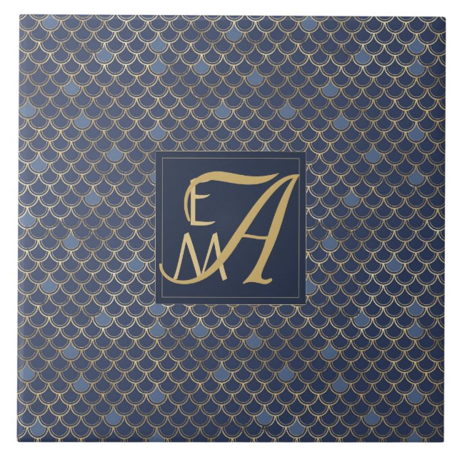 Mermaid Scales Monogram Navy Blue Gold Home Decor Ceramic Tile (Front)
