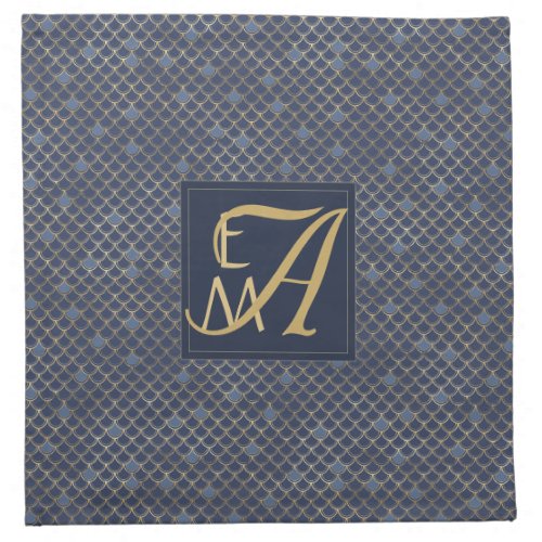Mermaid Scales Monogram Navy Blue Gold Home Decor Cloth Napkin