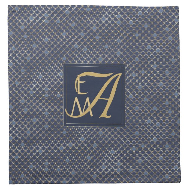 Mermaid Scales Monogram Navy Blue Gold Home Decor Cloth Napkin (Front)