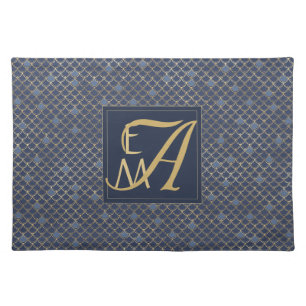 Mermaid Scales Monogram Navy Blue Gold Home Decor Cloth Placemat