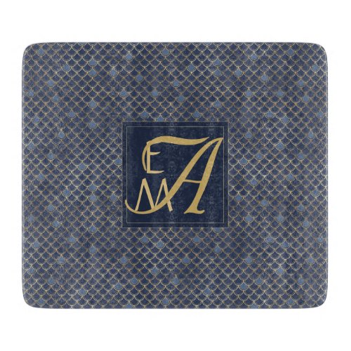 Mermaid Scales Monogram Navy Blue Gold Home Decor Cutting Board